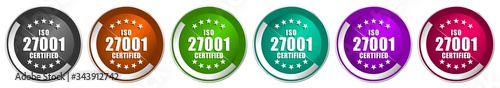 Iso 27001 icon set, silver metallic chrome border vector web buttons in 6 colors options for webdesign
