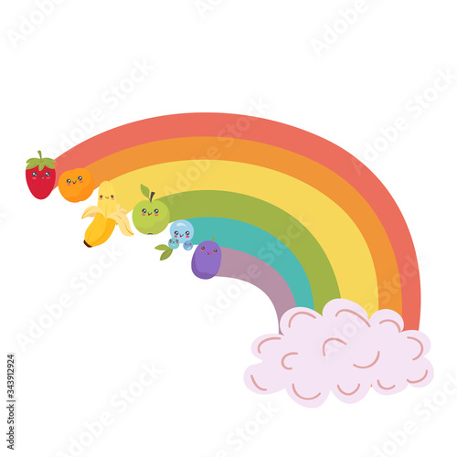 Rainbow fruit cartoon characters, healthy organic food kawaii mascot, vector illustration. Colorful rainbow in simple cartoon style, healthy fruit banana, strawberry, orange and apple smiling and cute
