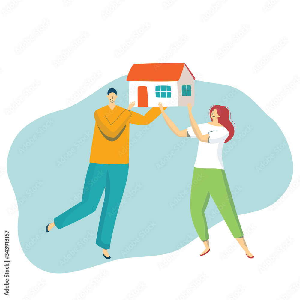 Cartoon young happy man and woman holding a model of new house and thinking about buying dream building, isolated on white, vector illustration. People think about investing for your a common future. Cartoon young happy man and woman holding a model of new house and thinking about buying dream building, isolated on white, vector illustration. People think about investing for your a common future.