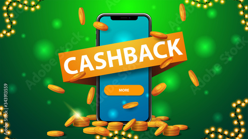 Green cashback banner with large smartphone with gold coins around, gold coins falling from the top, large ribbon with title and button on screen
