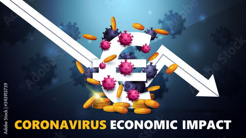 Coronavirus economic impact, black and blue banner with three dimensional white euro sign with gold coins around, surrounded by coronavirus molecules and white arrow an falling economic graph