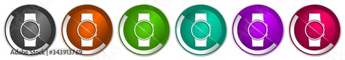 Smartwatch icon set, smart watch silver metallic chrome border vector web buttons in 6 colors options for webdesign