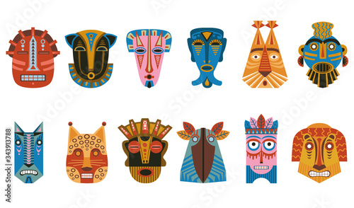 Traditional ritual masks flat icon kit. African, Hawaiian or Aztec indigenous face masks vector illustration set. Aboriginal totem and carnival concept