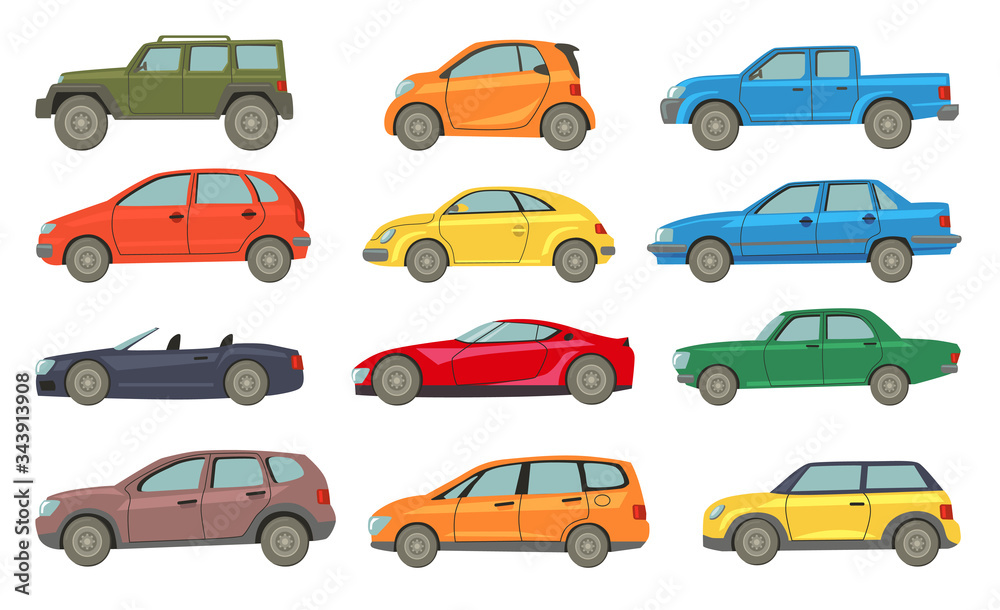 Automobiles models flat icon collection. Side view of SUV, hatchback, pickup and sedan isolated vector illustration set. Cars and vehicles concept