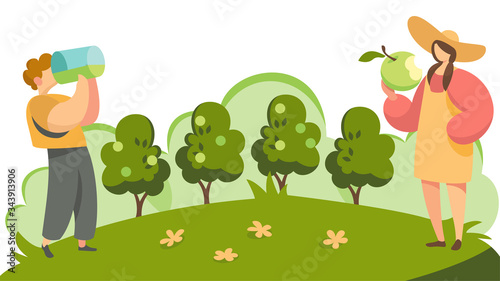 Cartoon boy drink fresh juice and girl eat delicious apple in garden collect fruit harvest, vector illustration.Young people enjoy fresh fruit with apple orchard. Landscape scene outdoor flat style