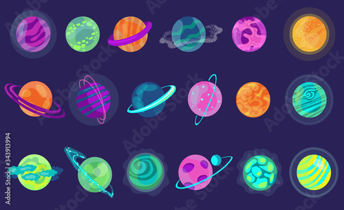 Colorful cartoon planets flat icon kit. Fantasy abstract space objects vector illustration collection. Cosmic shapes for mobile and computer games