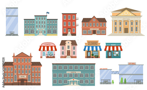 City buildings flat icon collection. School, bank, shop, apartments, office center, hospital, hotel, library, mall and city hall front view vector illustration set. Exterior and facade concept photo