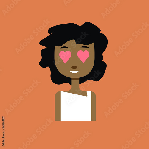 Mujer con pelo rizado, ojos en forma de corazón y vestido blanco.
