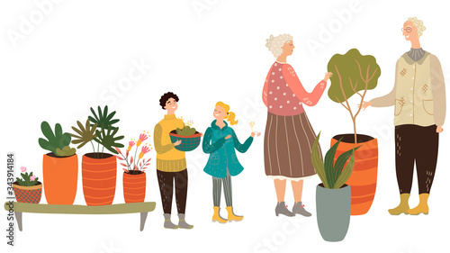 Happy family gardening together, grandparents and children, people with houseplants, vector illustration. Grandchildren helping their grandparents, spending time together, isolated cartoon characters