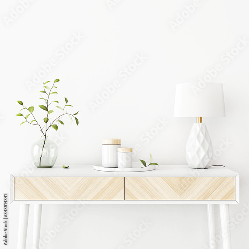 Interior wall mockup with green tree branch in vase, ceramic decore and lamp standing on the console table on empty white background with free space on top. 3D rendering, illustration.