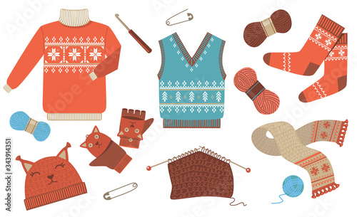 Knitted winter and autumn seasonal clothes flat icon kit. Woolen sweater, scarf, hat and socks isolated vector illustration collection. Handmade fashion and hobby concept