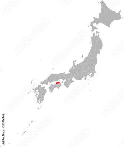 Kagawa province highlighted red on Japan map. Gray background. Perfect for business concepts, backgrounds, backdrop, sticker, banner, poster, label, chart and wallpaper.