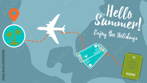 Vector banner summer poster and travel design, vector illustration. Buy ticker take your passport and enjoy summer time for trip, tourism or journey on sea. Fly on plane, relaxing on beach, holidays.