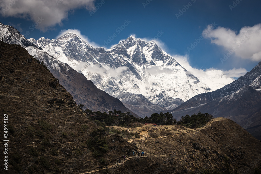 First sighting of Mount Everest while hiking through the Himalayas in Nepal