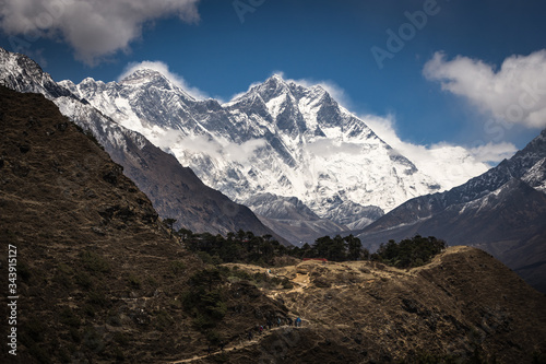 First sighting of Mount Everest while hiking through the Himalayas in Nepal
