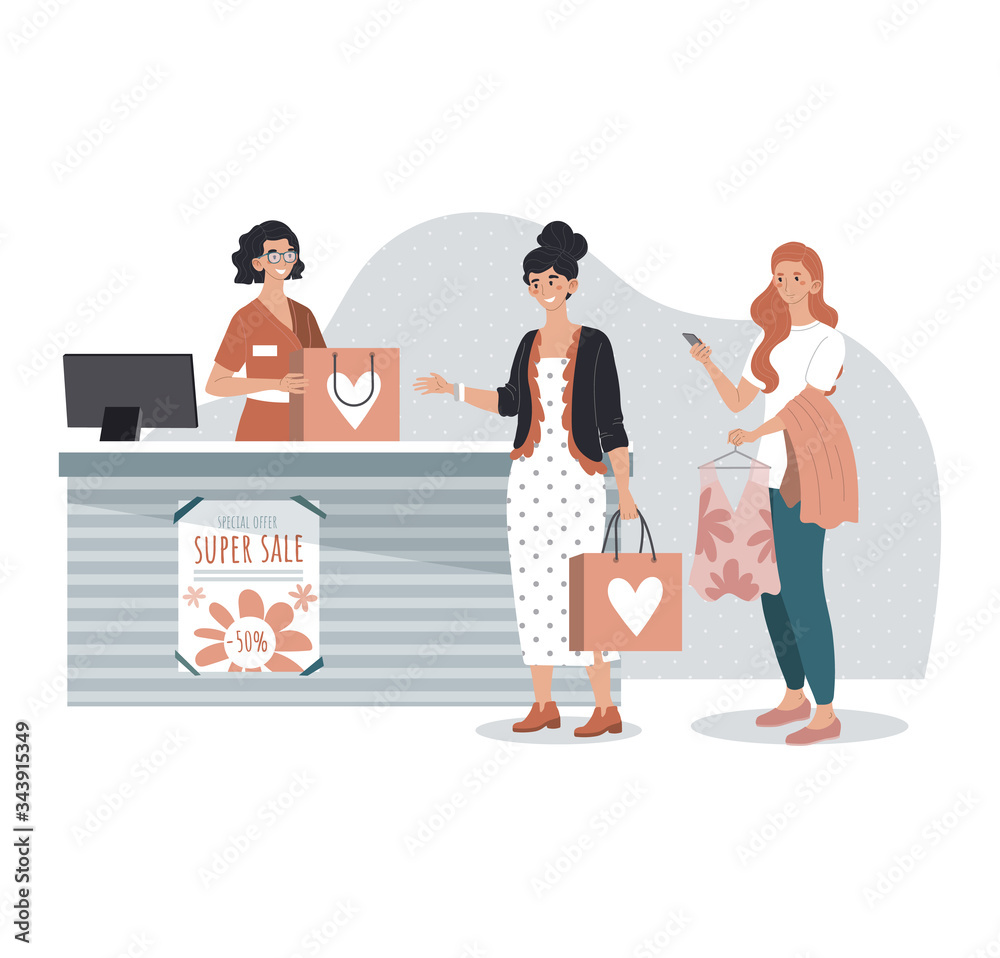 People shopping in fashion store, woman buying clothes in boutique, vector  illustration. Sale in brand apparel shop, friendly cashier at checkout  counter. Customer service, cartoon character assistant Stock Vector | Adobe  Stock