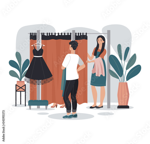 Woman trying on new dress in fashion store fitting room, beautiful girl looking in mirror, vector illustration. Happy female cartoon character in elegant clothes, choosing evening outfit appearance