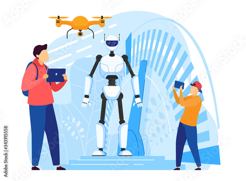 Android robot, people control futuristic technologies with modern gadgets, vector illustration. Flying drone and innovative devices, man cartoon character, boy with smartphone. Artificial intelligence