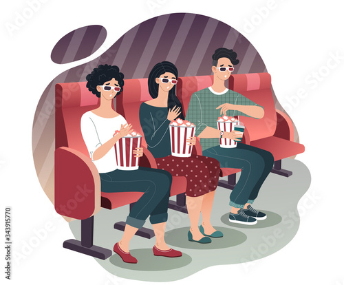 People watching movie in cinema, cartoon characters in 3D glasses, vector illustration. Man and woman with popcorn, friends on premiere together. Modern entertainment, evening leisure recreation night