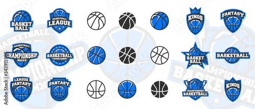Vector Basketball set with 12 trendy logo designs and 9 basketball icons. Basketball set. Perfect use for posters, banners, signs, covers design. Vector sport emblems template.