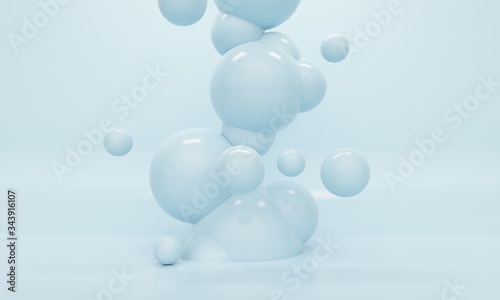 Light abstract background with plastic shiny spheres flying and connected. 3d rendering