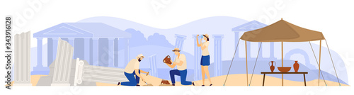 Archaeological excavations in antique ruins, people exploring ancient culture, vector illustration. Expedition to Greek monuments and heritage landmarks, archeology team discover old pottery artifact