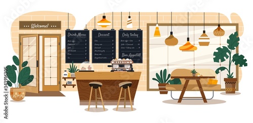 People in cozy cafe, coffee shop interior, customers and waitress, vector illustration. Stylish restaurant, comfortable bakehouse, dessert menu. Smiling friends meeting and talking over a cup of tea