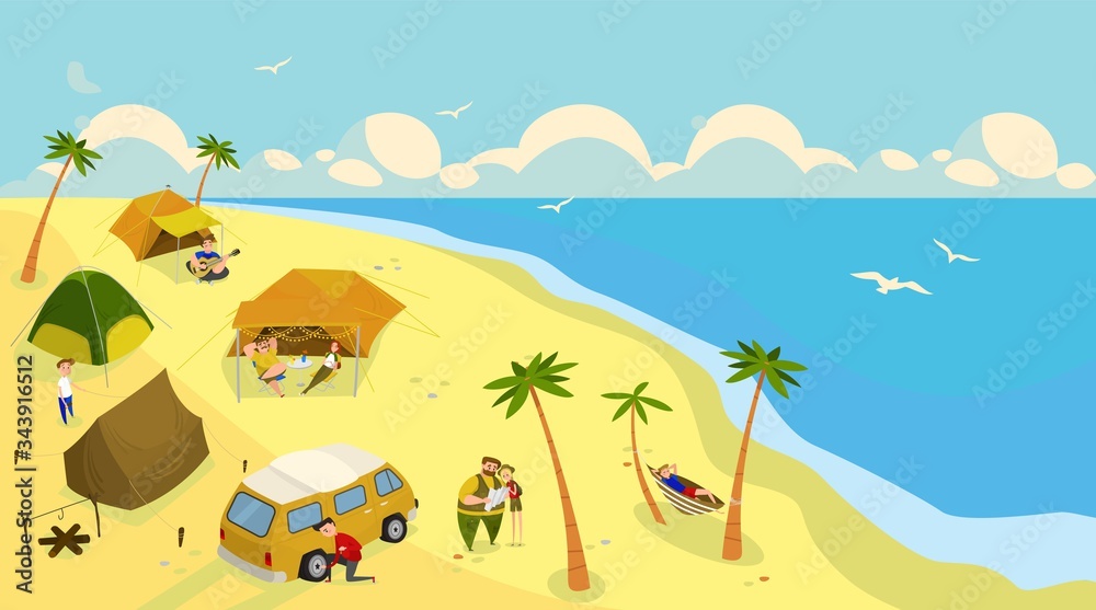 Camping at ocean beach, outdoor summer vacation, vector illustration. People in tents at seaside, campsite on tropical island. Summertime travel, sea beach leisure and recreation. Vacation trip camp