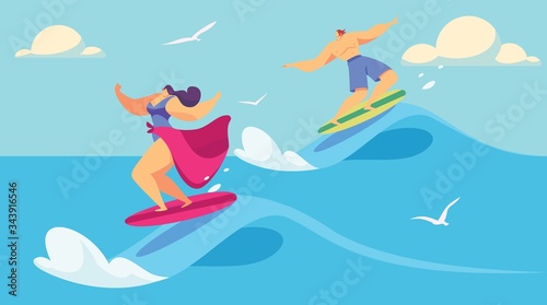 People surfing in ocean, man and woman on surfboards, vector illustration. Summer vacation activity, extreme sport and healthy lifestyle. Couple of surfers riding waves in ocean, active summer leisure