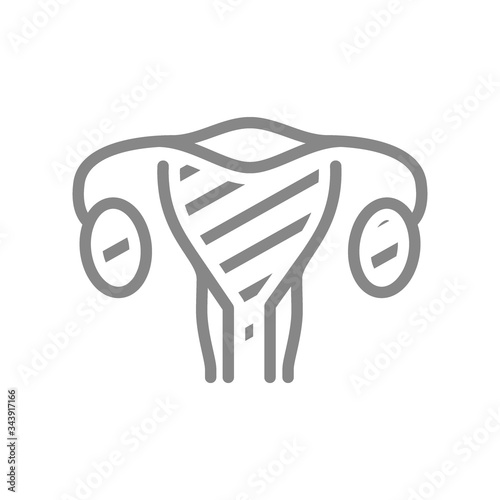 Sore woman uterus line icon. Uterine cancer, endometritis, infertility, infected organ symbol