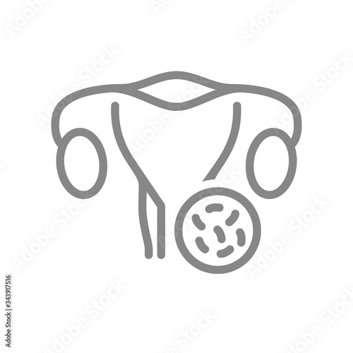 Woman uterus with bacteria line icon. Disease internal organ, lactobacillus, uterine inflammation symbol