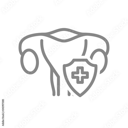 Protected woman uterus line icon. First aid for female reproductive system disease symbol