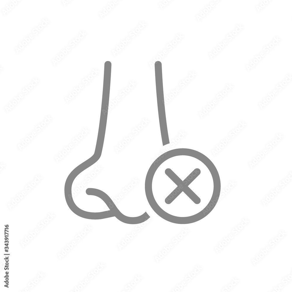 Human nose with cross checkmark line icon. Disease of paranasal sinuses, olfactory system symbol Human nose with cross checkmark line icon. Disease of paranasal sinuses, olfactory system symbol