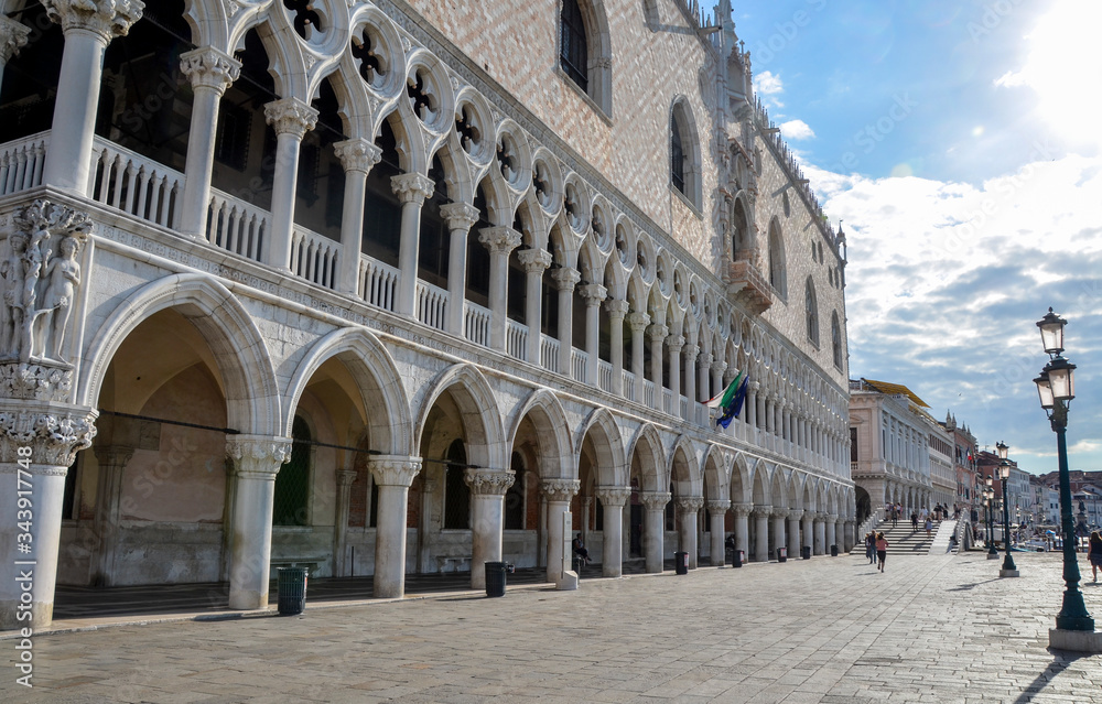 Beautiful view of the Venice embankment, Doge's Palace by San Marco. This is one of the main landmarks of the city of Venice