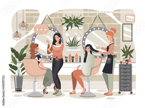 Woman in beauty salon, man in barber shop, vector illustration. Professional hairdresser and barber, makeup stylist. People cartoon characters, set of beauty salon tools.