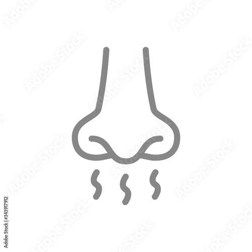 Human nose with smell sense line icon. Breath, inhalation and exhalation symbol
