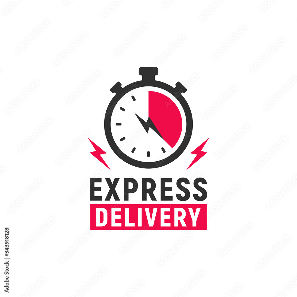 Express Delivery logo template with stopwatch and thunder bolts icons. Fast shipping symbol. Timer icon. Vector illustration Express Delivery logo template with stopwatch and thunder bolts icons. Fast shipping symbol. Timer icon. Vector illustration