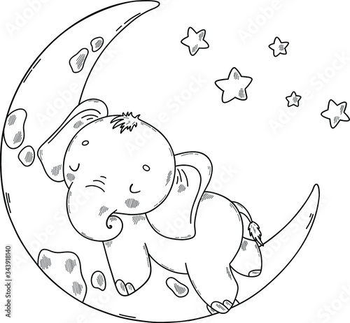 Cute baby elephant. Coloring book page for children