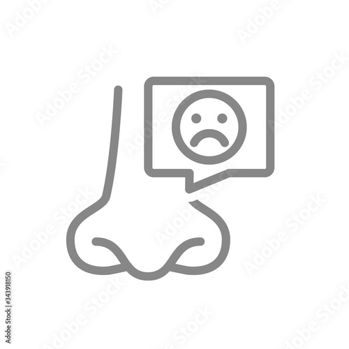 Nose with sad face in speech bubble line icon. Disease of nose, paranasal sinuses symbol