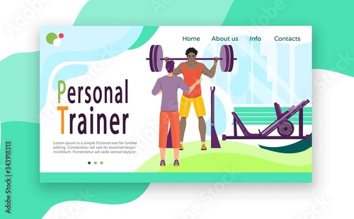 Workout with personal trainer, gym website design, vector illustration. Exercise program in fitness center, man lifting barbell, training with professional coach. Personal workout program gym people