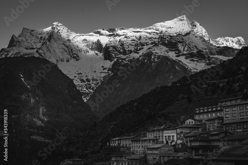 Early morning view of the Himalayan mountain range behind Namche Bazaar in Nepal  photo