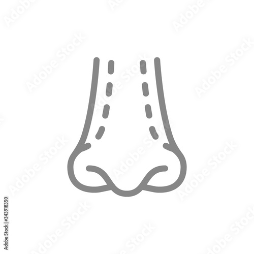 Rhinoplasty line icon. Nose plastic surgery, septoplasty, nose shape correction symbol