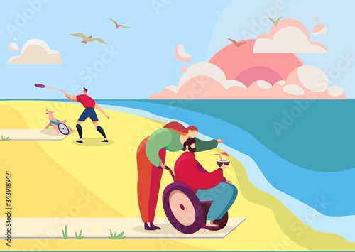 Rehabilitation at seaside resort for disabled people, vector illustration. Man in wheelchair on ocean beach with assistant. Healthcare recreation center for disabled people, rehabilitation resort