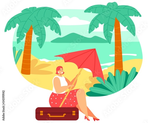 Woman sitting on travel suitcase, summer vacation on tropical beach, vector illustration. Female cartoon character dreaming of vacation, planning trip to seaside. Happy woman on tropical summer island