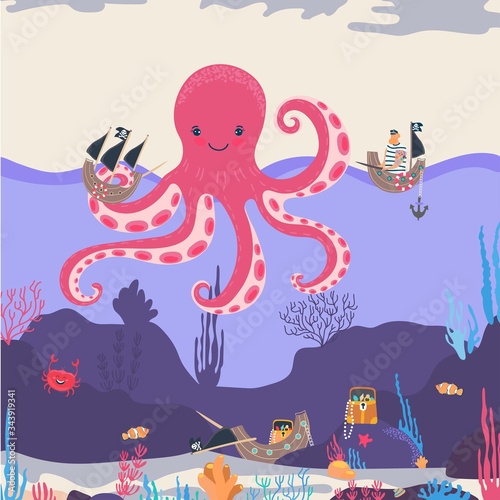 Giant octopus in ocean, childish cartoon character, ship wreck and treasure chest under water, vector illustration. Cute underwater animal, smiling octopus in sea crushing pirate ships, ocean monster