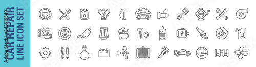 Car repair vector isolated line icon set. Mechanic tools & car parts