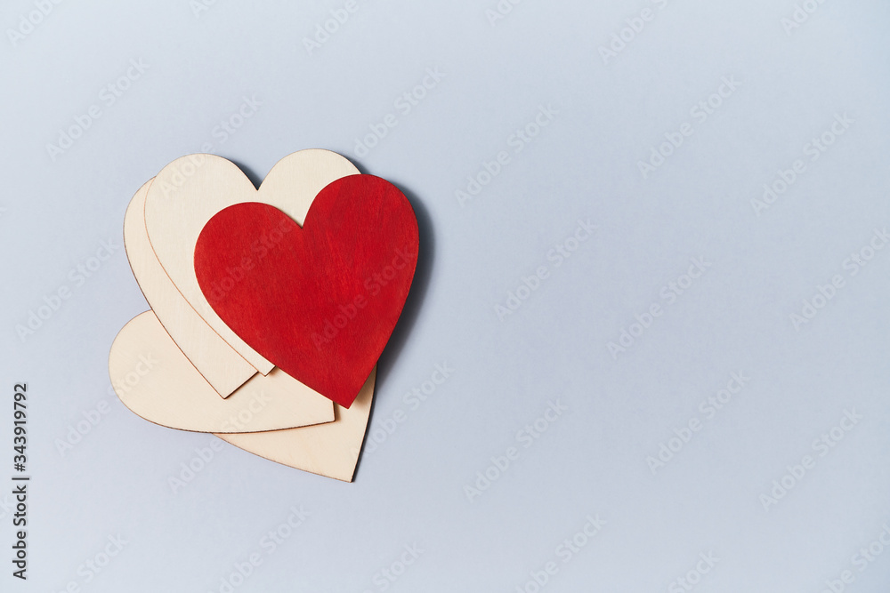 Personal rating, popularity. Social networks app. Likes in social media. Stack of empty hearts and one red, copy space