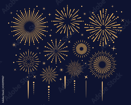 Festival gold fireworks explode in the sky. Fireworks background for banner, poster. Independence, celebration, anniversary templates. Vector illustration
