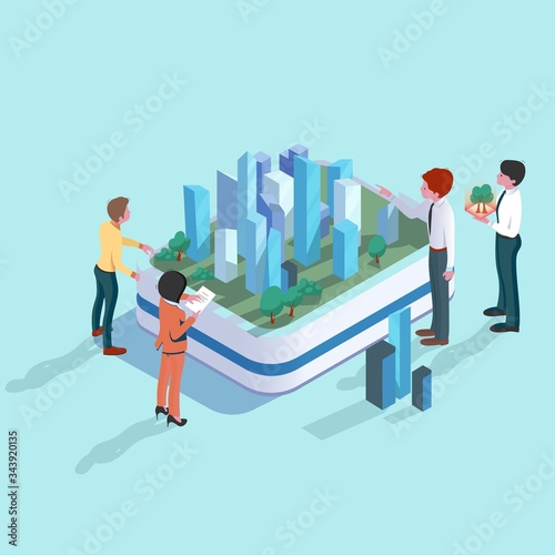 Cartoon business people with engineer or architect looking at project of modern abstract 3d city, isoalted on blue, illustration, vector. Construction to design model creative future city building.