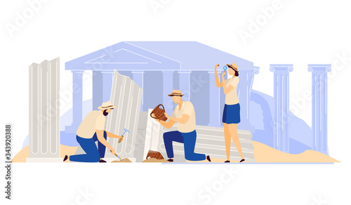 Archaeological excavations in antique ruins, people exploring ancient culture, vector illustration. Expedition to Greek monuments and heritage landmarks, archeology team discover old pottery artifact